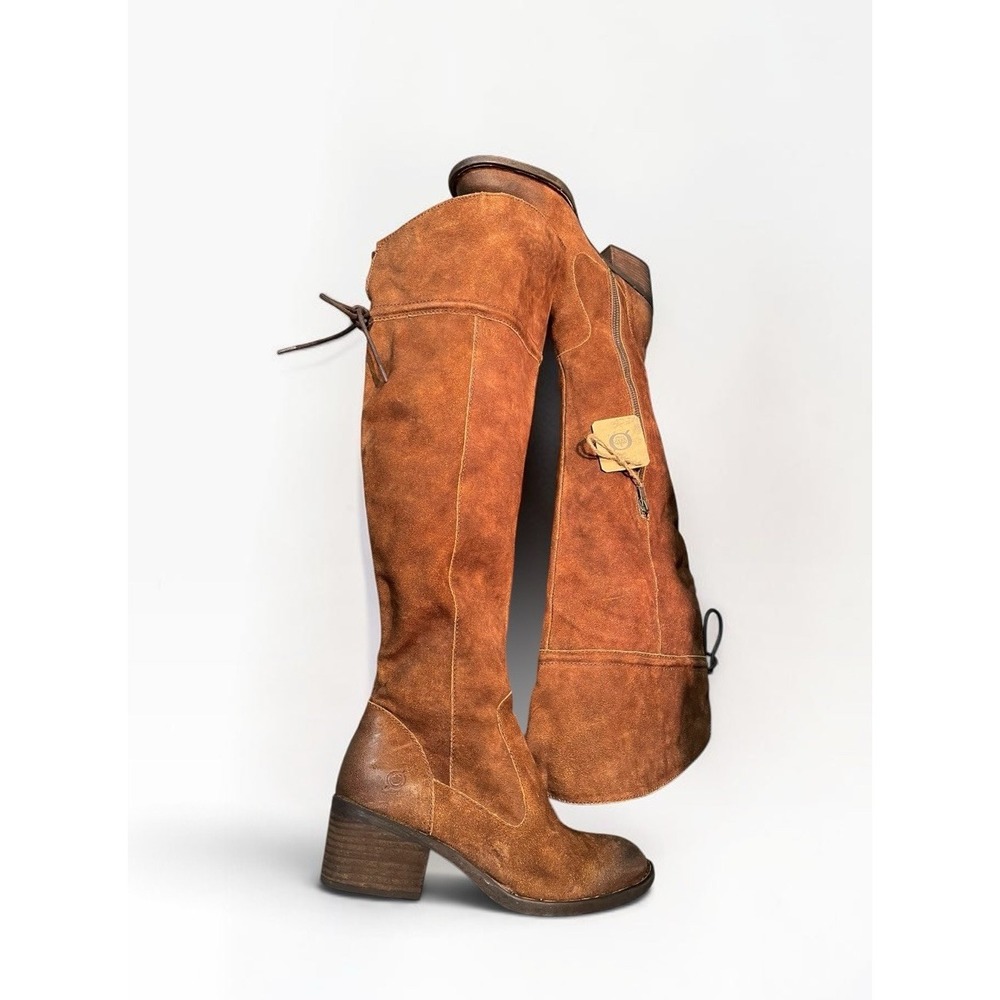 NWOB Born Brown Over Knee Boots Tie Accent Round Toe 8.5